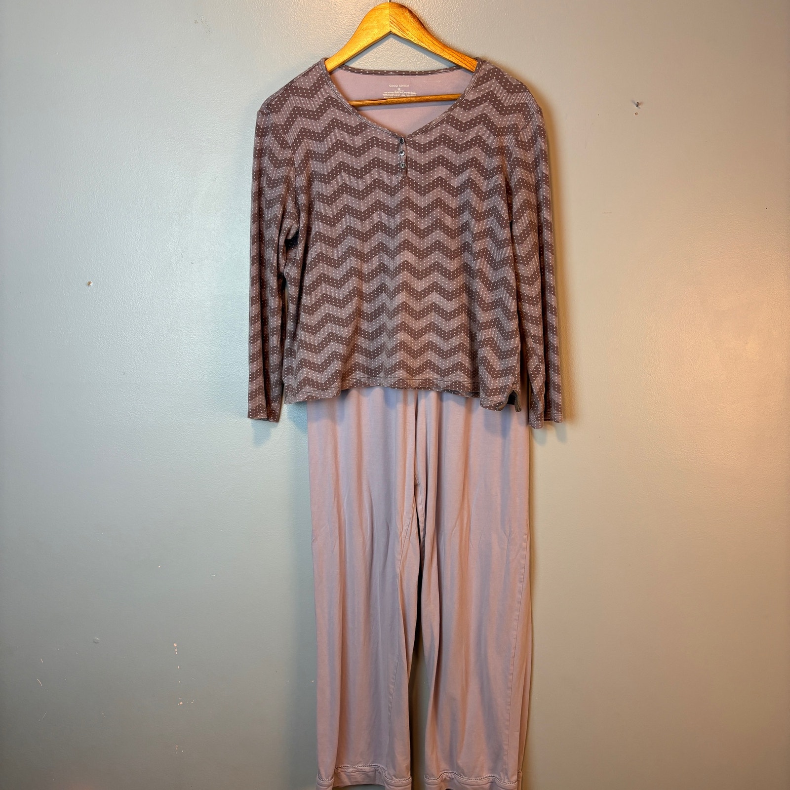 Sleep Sense Pajama Pj Set Medium 100% Cotton Lilac Zigzag Top Drawstring Bottom